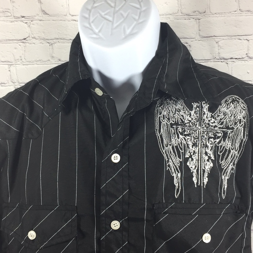 Platoon Jeans Shirt Men Size S Black Embroidered Cross & Wings